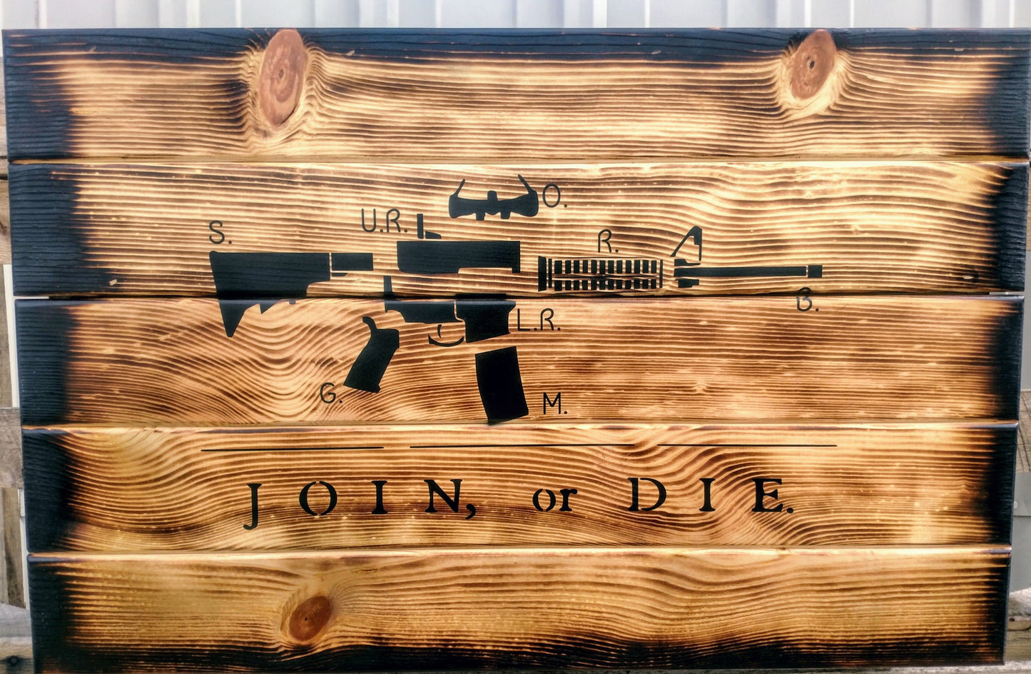 Charred AR-15 "Join or Die" Hidden Gun Storage Sign