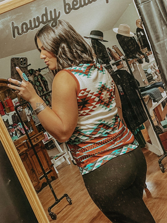 Orange and Turquoise Aztec Tank Top