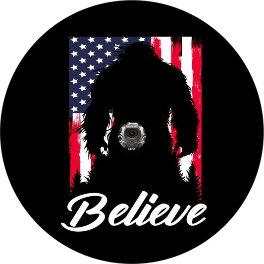 Bigfoot American Flag Believe Sasquatch Spare Tire Cover for Bronco, Jeep, RV, Campers, & More