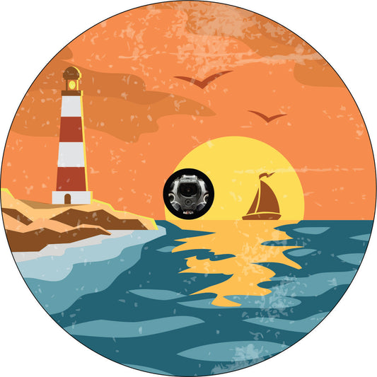 Vintage Lighthouse Coastal Sea Spare Tire Cover