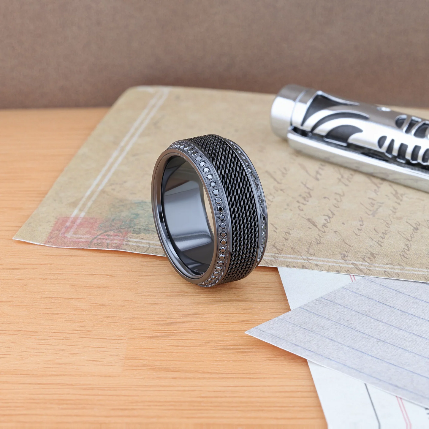 KNIGHT Steel Chain Black Titanium Wedding Ring Polished Beveled Edges Set with Round Black Diamonds - 10mm