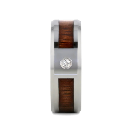 KAHUNA Tungsten Carbide Beveled Edged Diamond Wedding Band with Koa Wood Inlay & Polished Edges - 8mm