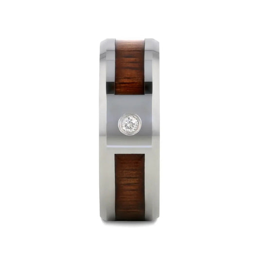 KAHUNA Tungsten Carbide Beveled Edged Diamond Wedding Band with Koa Wood Inlay & Polished Edges - 8mm