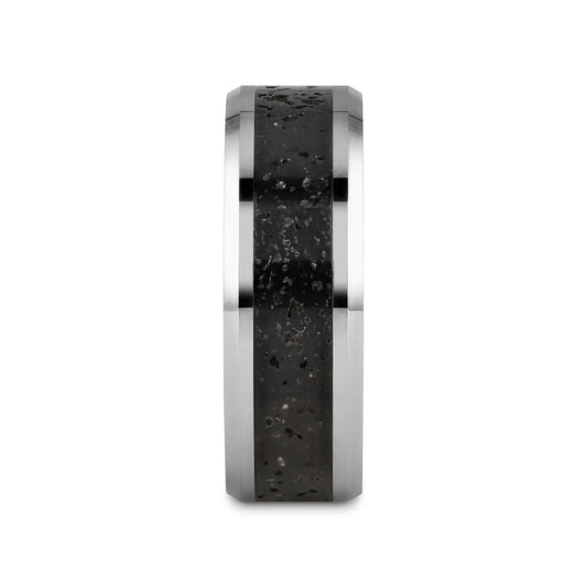 KILAUEA Men’s Polished Tungsten Wedding Band with Black & Gray Lava Rock Stone Inlay & Polished Beveled Edges - 8mm
