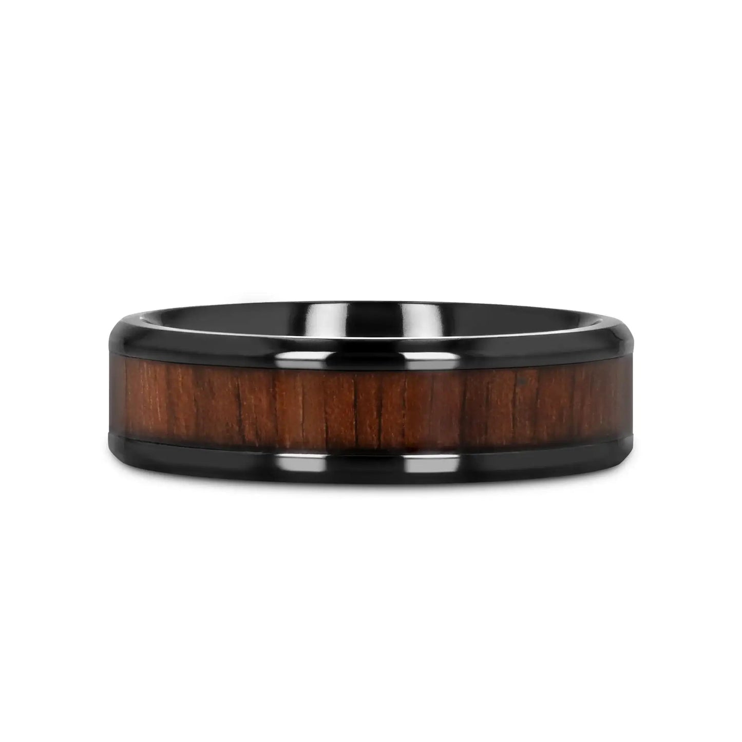 KONY Black Titanium Polished Beveled Edges Black Walnut Wood Inlaid Men’s Wedding Ring - 6mm & 8mm