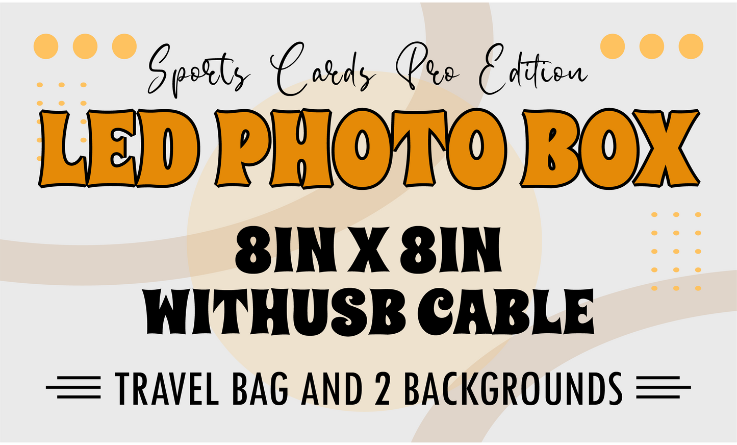 LED Photo Box Sports Cards Pro Edition 8in x 8in with USB Cable, Travel Bag and 2 Backgrounds