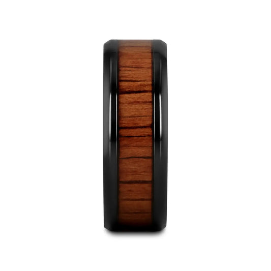 LEIFI Black Titanium Ring with Koa Wood Inlay and Bevels - 8mm
