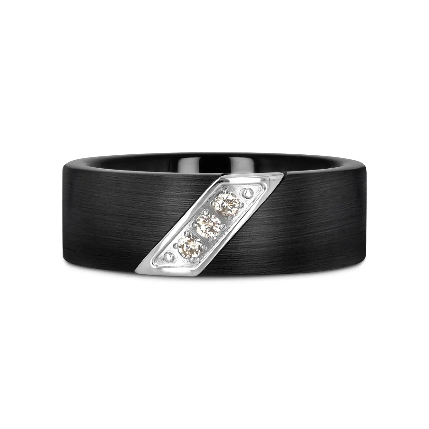 LIAM 8mm Flat Black Satin Tungsten Carbide Wedding Band with Diagonal Diamonds in Stainless Steel
