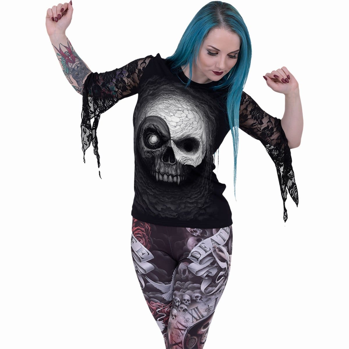 YIN YANG SKULLS - Rose Lace Sleeve Top