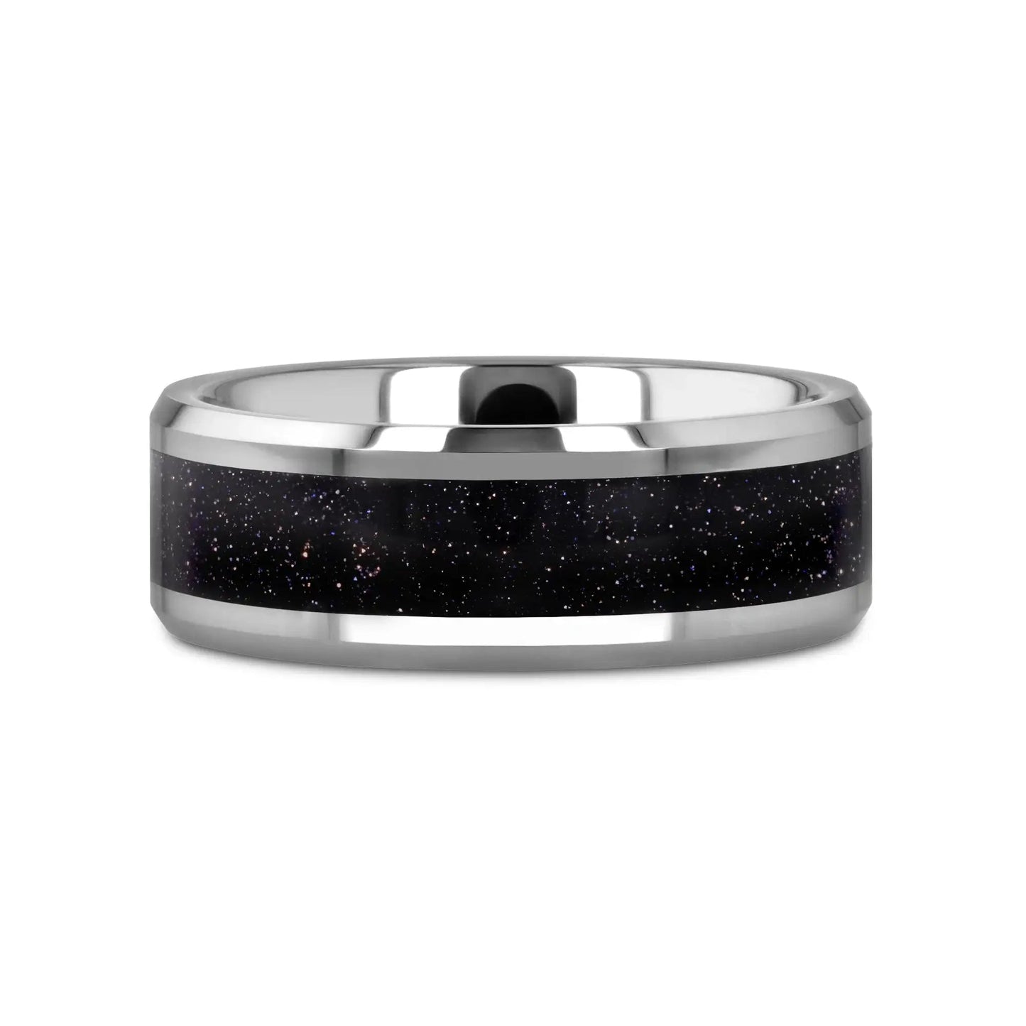 MAKI Men’s Beveled Polished Finish Tungsten Wedding Ring with Purple Goldstone Inlay - 8mm