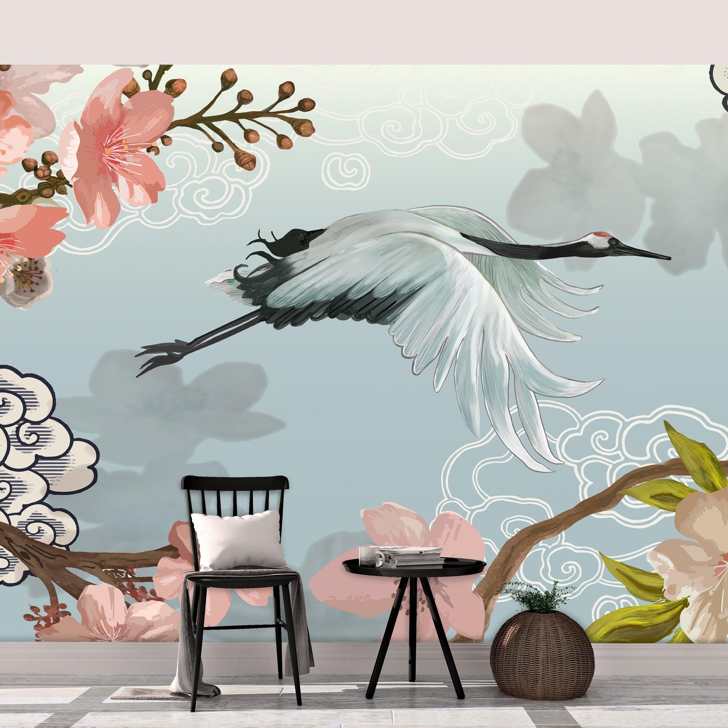 Manchurian Crane Flying Over Cherry Blossoms Peel and Stick Wallpaper | Removable Wall Mural. #6205