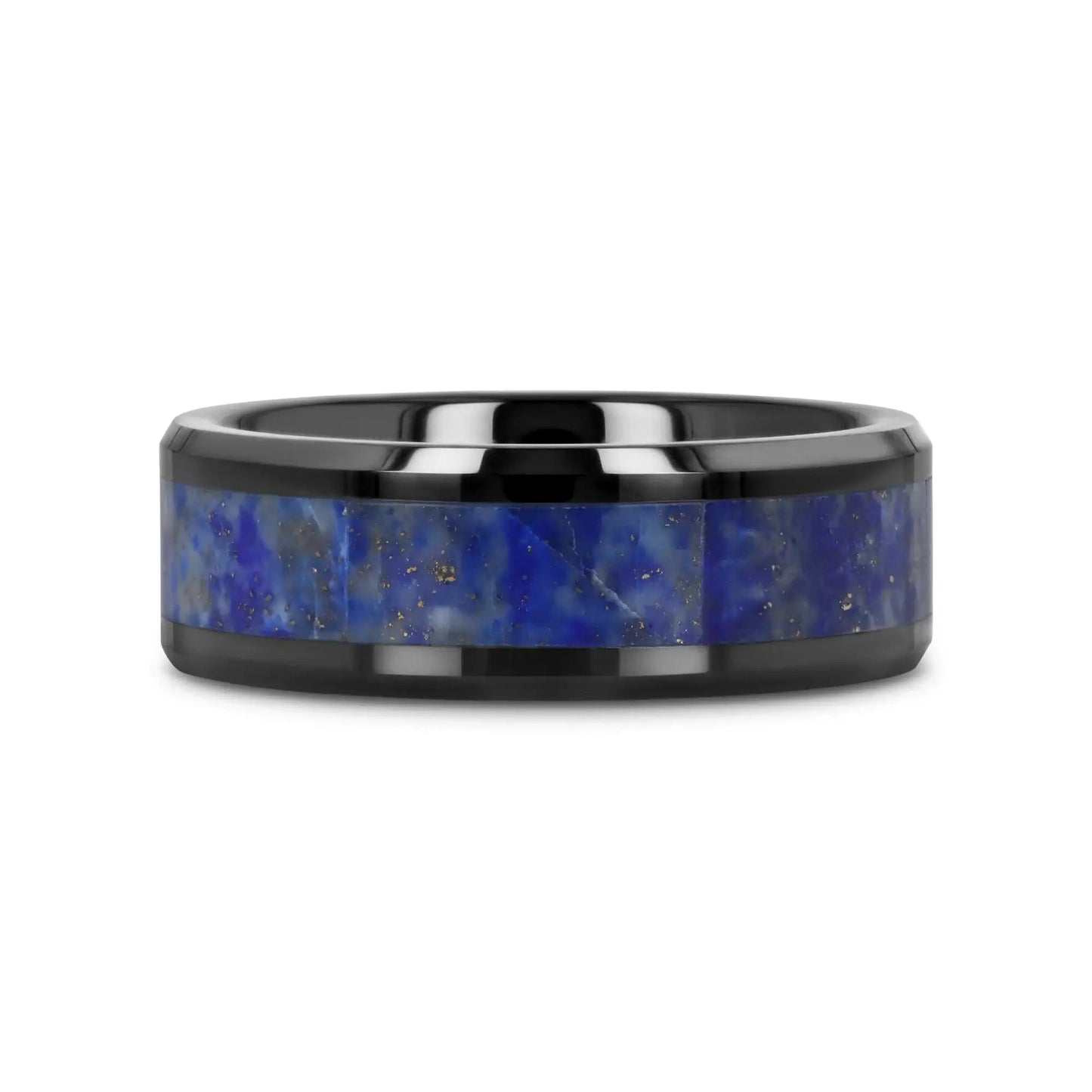MARLOW Men’s Polished Black Ceramic Wedding Band with Blue Lapis Inlay & Beveled Edges - 8mm