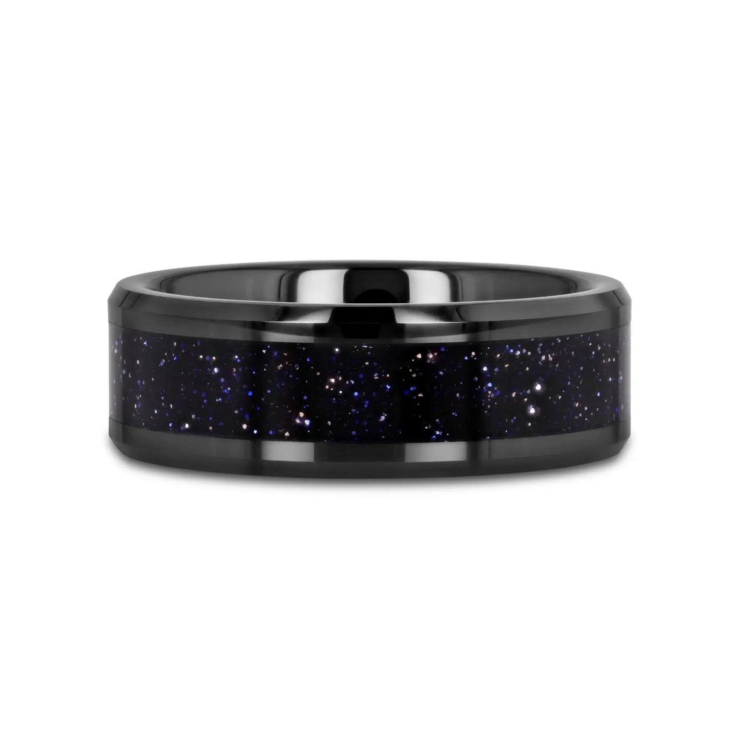 MELO Black Ceramic Beveled Polished Men’s Wedding Band with Purple Goldstone Inlay - 8mm
