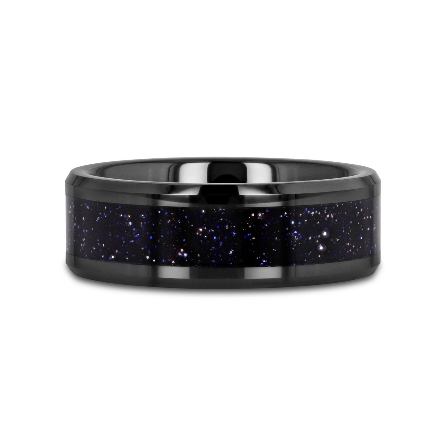 MELO Black Ceramic Beveled Polished Men’s Wedding Band with Purple Goldstone Inlay - 8mm