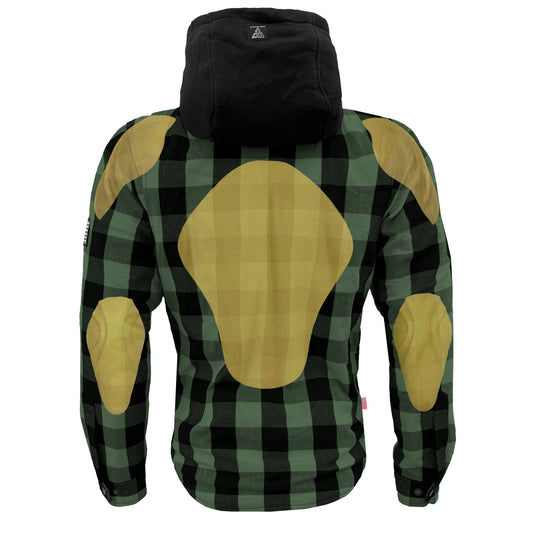 Protective Flannel Hoodie For Men - Dark Green and Black Checkered with Pads