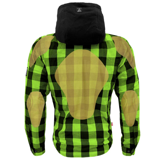Protective Flannel Hoodie For Men - Green and Black Checkered with Pads