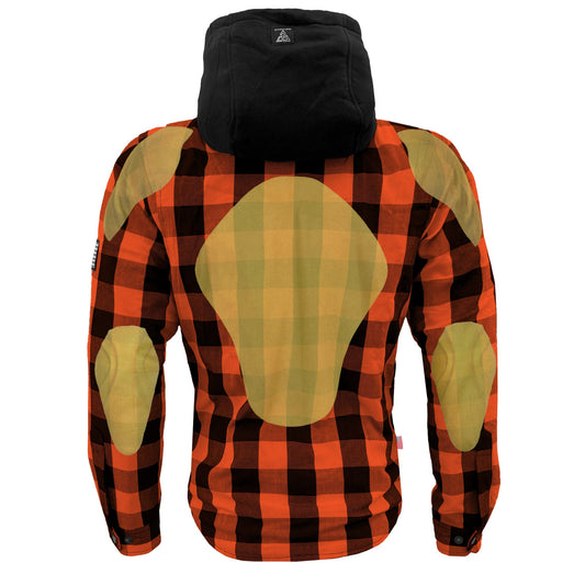 Protective Flannel Hoodie For Men - Orange and Black Checkered with Pads
