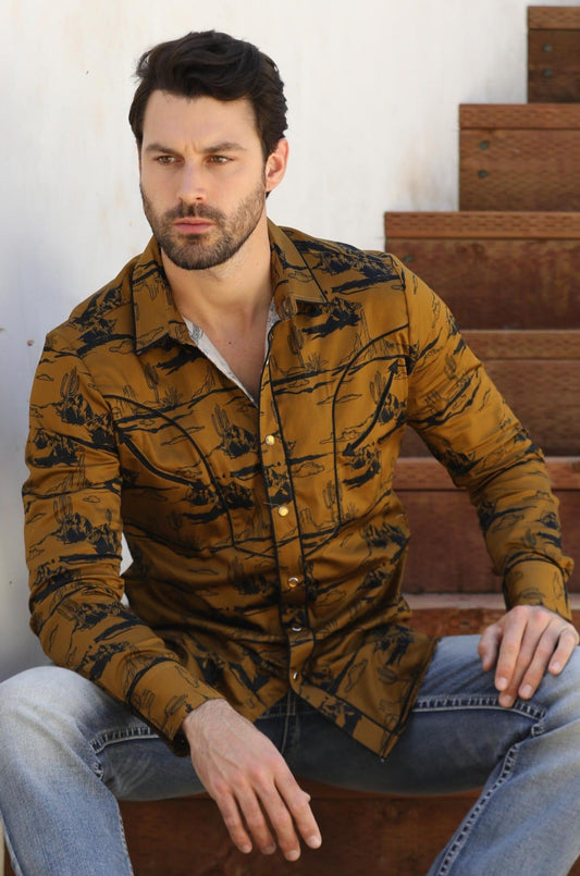 Mens Modern Fit Cotton Stretch Piping Cactus Monogram Print Shirt