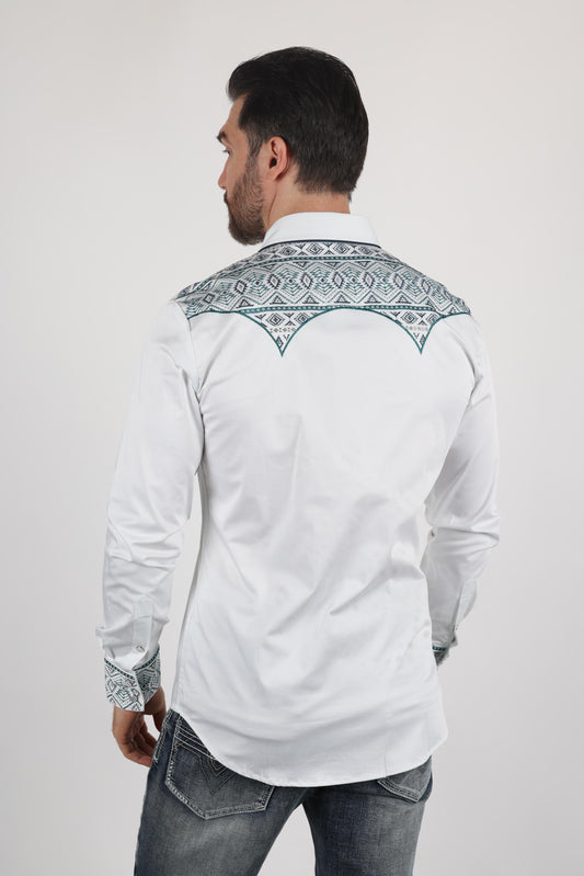 Mens Modern Fit Stretch Multi-Color Aztec Embroidery Shirt