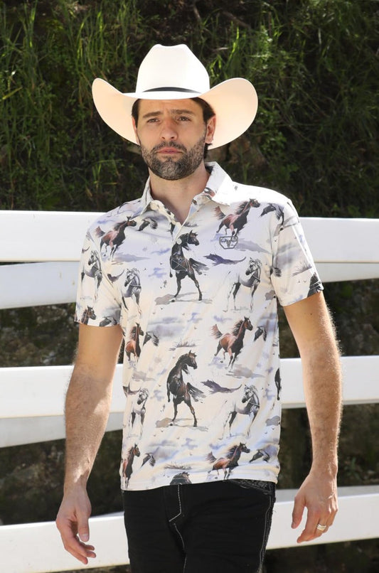 Mens Performance Fabric Modern Fit Stretch Rodeo Print Polos