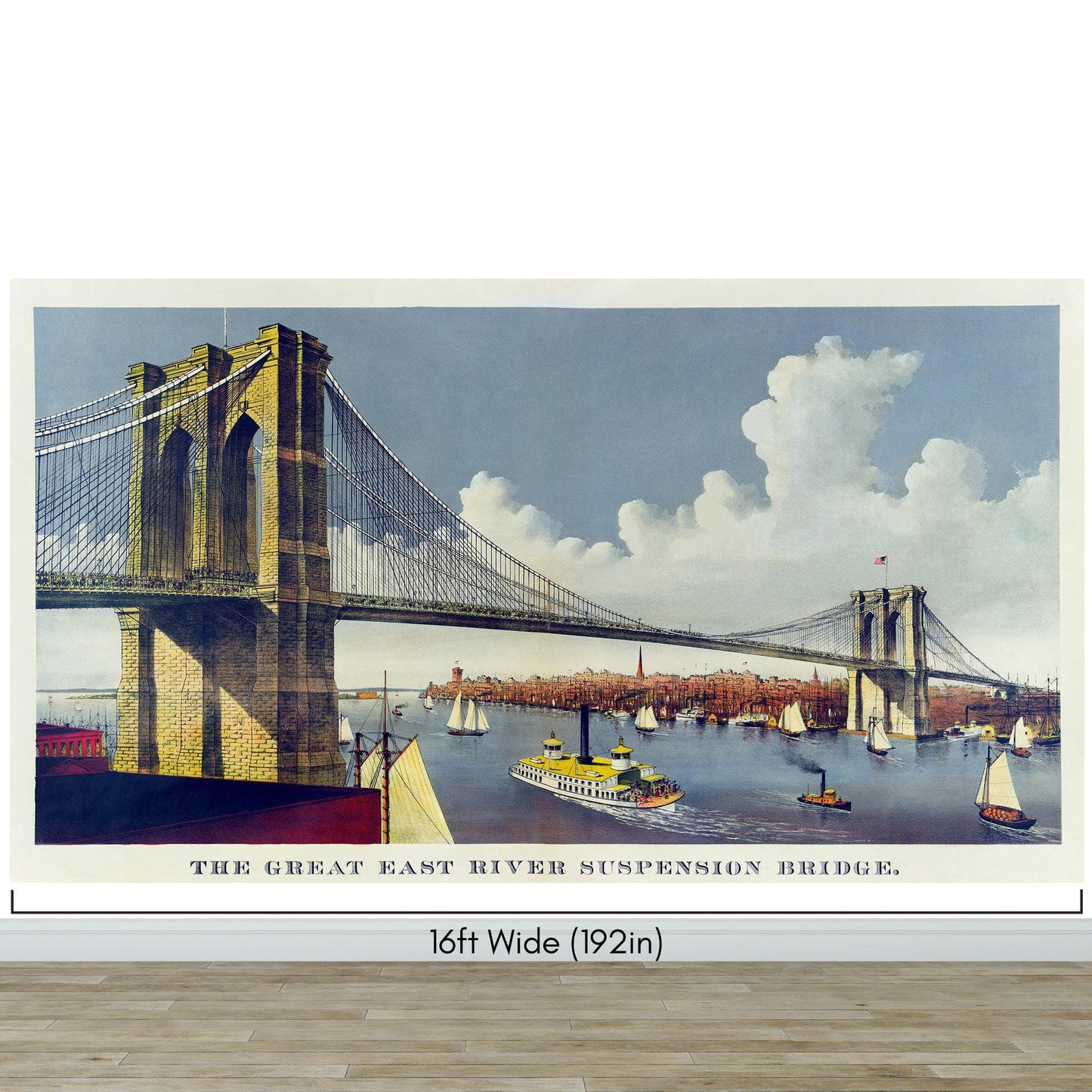Vintage Brooklyn Bridge Illustration Wallpaper Mural - The Great East River Suspension Bridge. #6408