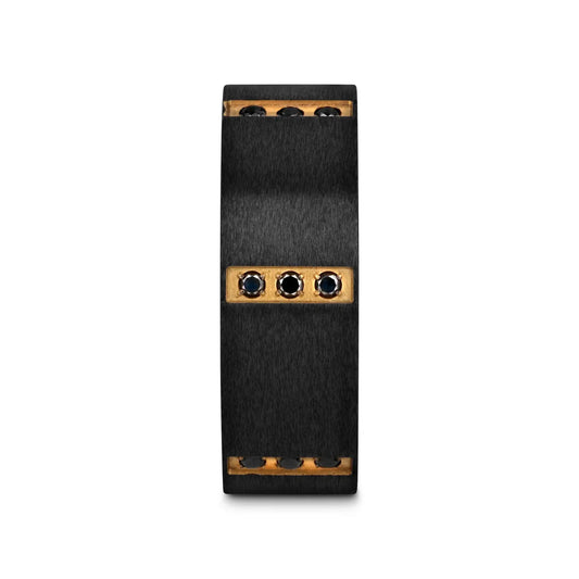 MURAMASA Flat Brushed Black Titanium Ring Gold Plated Inside with 6 Gold Plated Stainless Steel Bezels Triple Black Diamond Setting - 8mm
