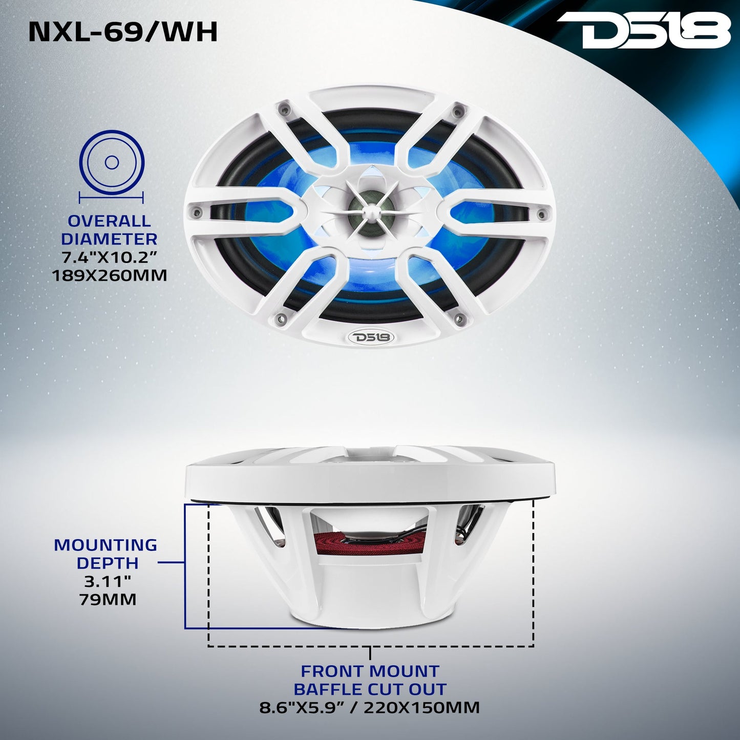 NXL 6x9" 2-Way Coaxial Marine Speaker with LED RGB Lights | 125W RMS 4-Ohm