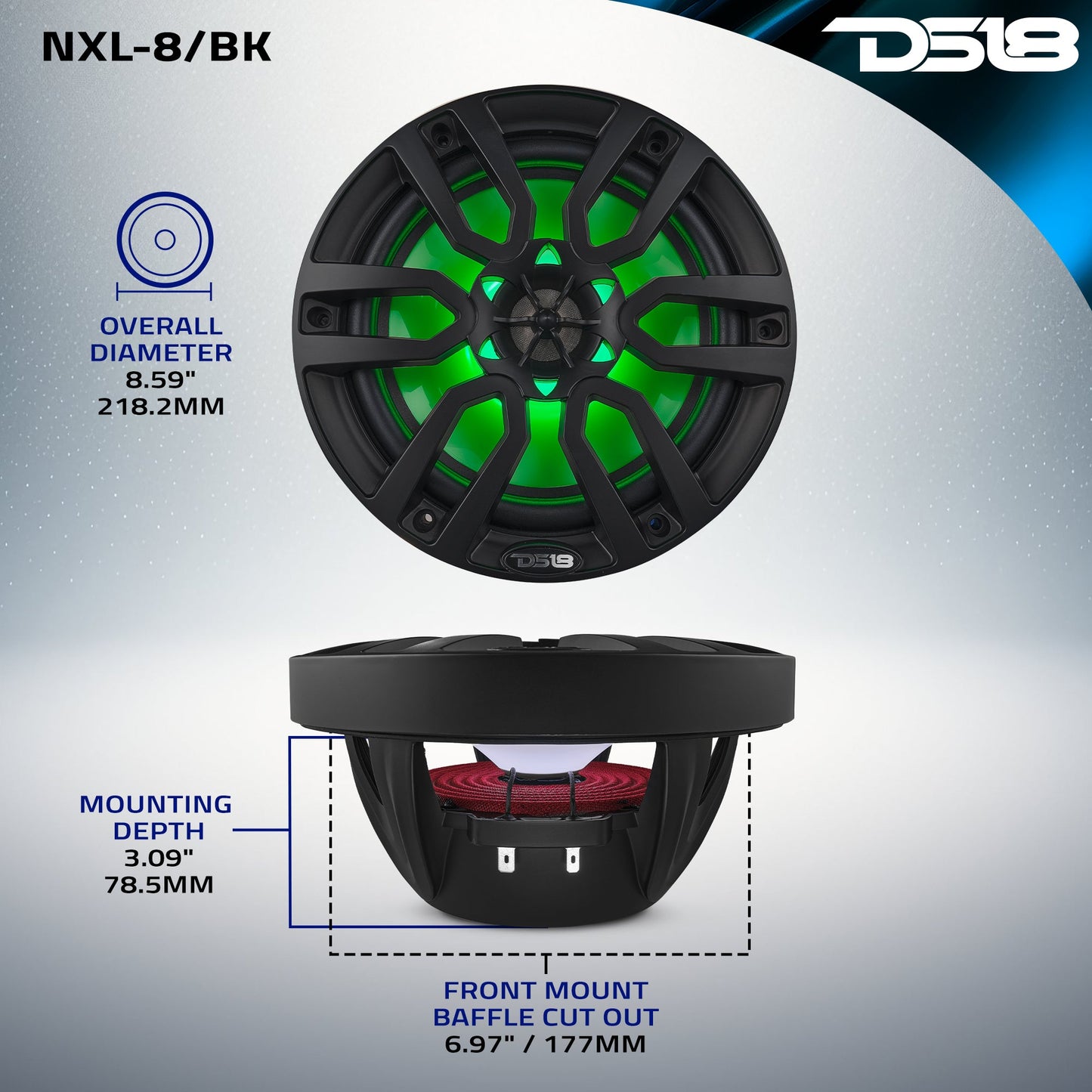 NXL 8" 2-Way Coaxial Marine Speaker with LED RGB Lights | 125W RMS 4-Ohm