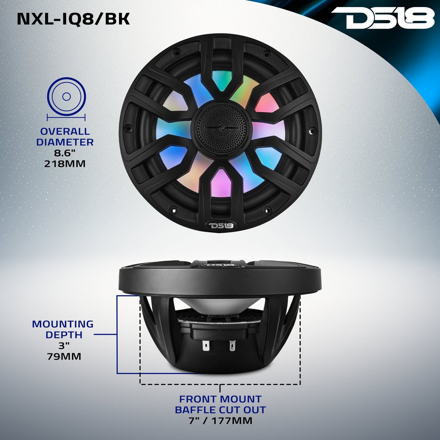 NXL 8" 2-Way Coaxial Marine Speaker with Bullet Tweeter and Digital Led Lights | 175W RMS 4-Ohm