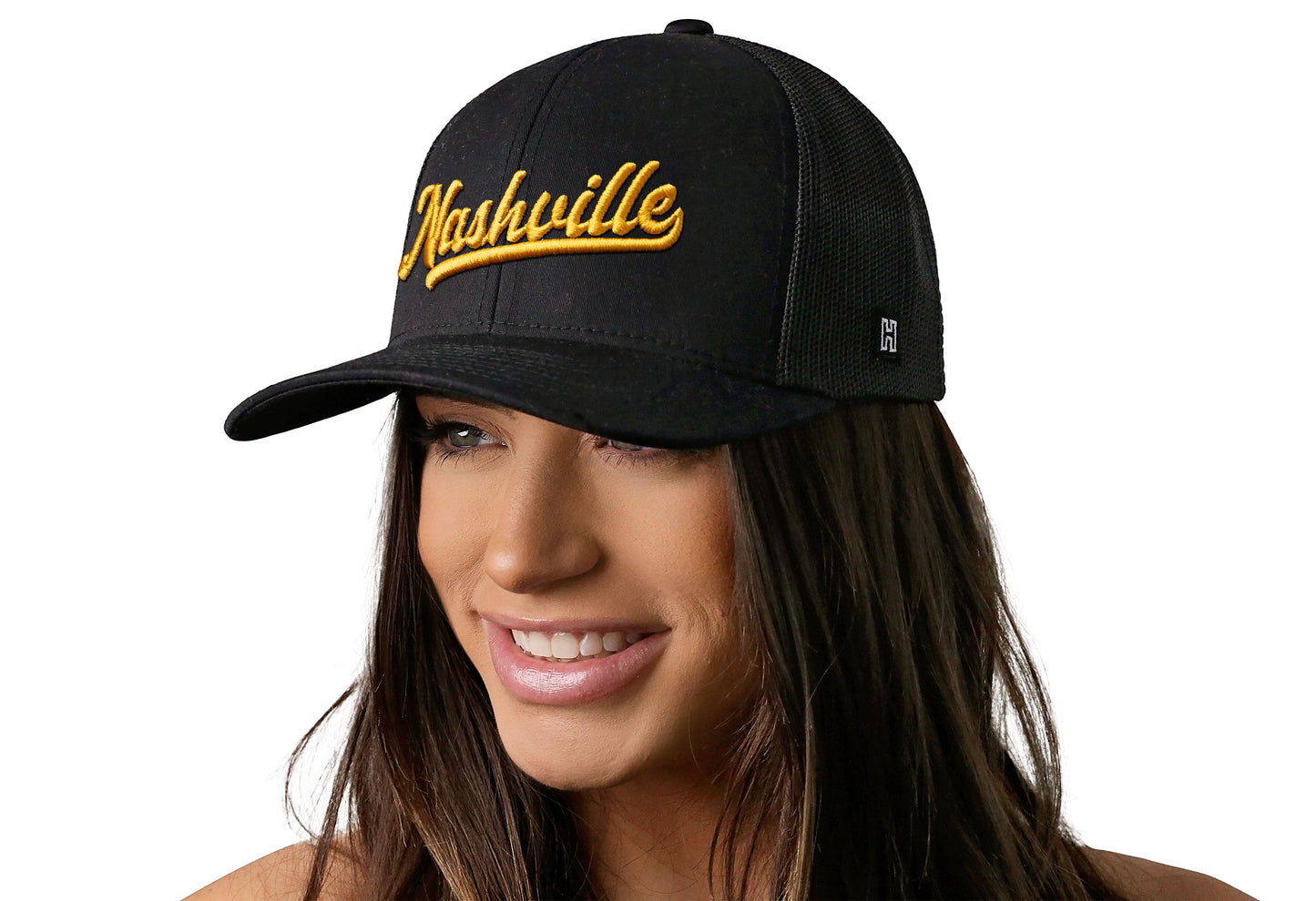 Nashville Gold Script Trucker Hat | Black Tennessee Snapback