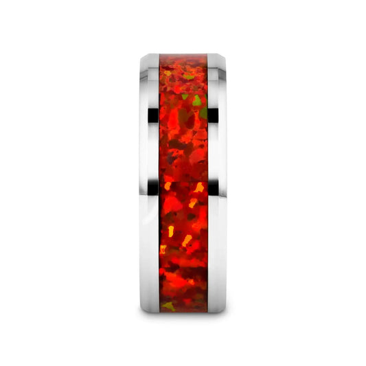 NEBULA Tungsten Wedding Band with Beveled Edges and Red Opal Inlay - 4mm - 8mm