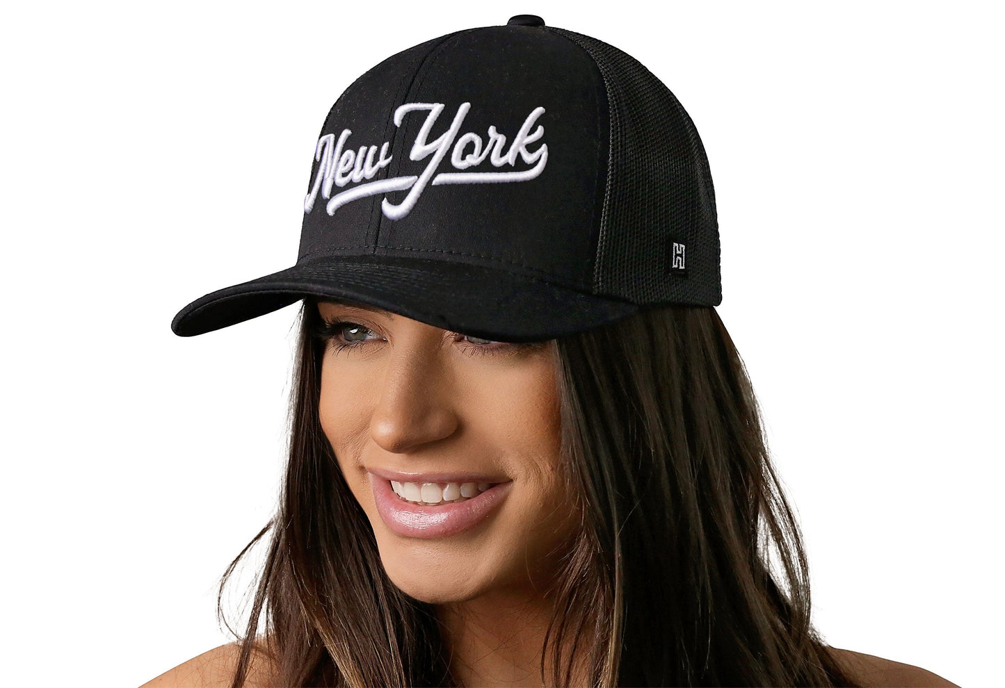 New York City White Script Trucker Hat | Black New York Snapback