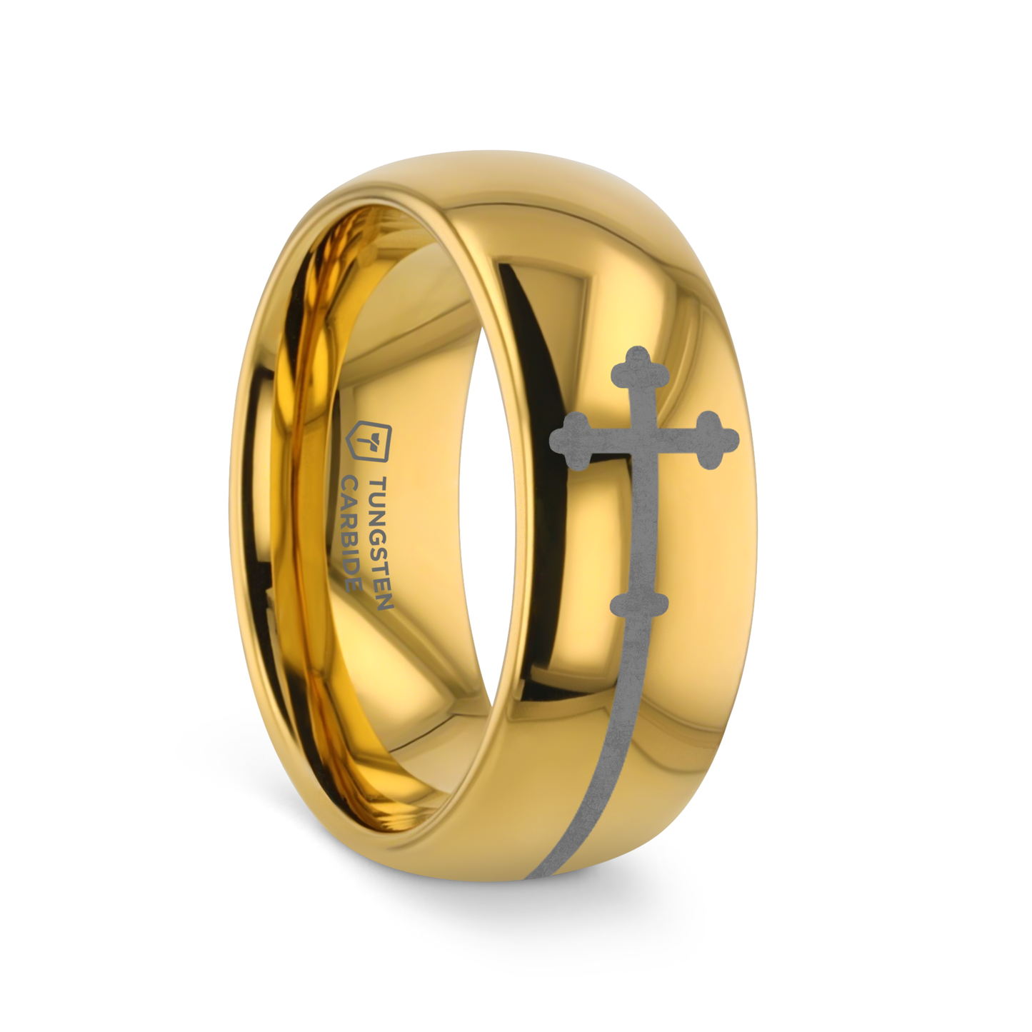 SIDEWAYS CROSS on Domed Gold Plated Tungsten Carbide Ring