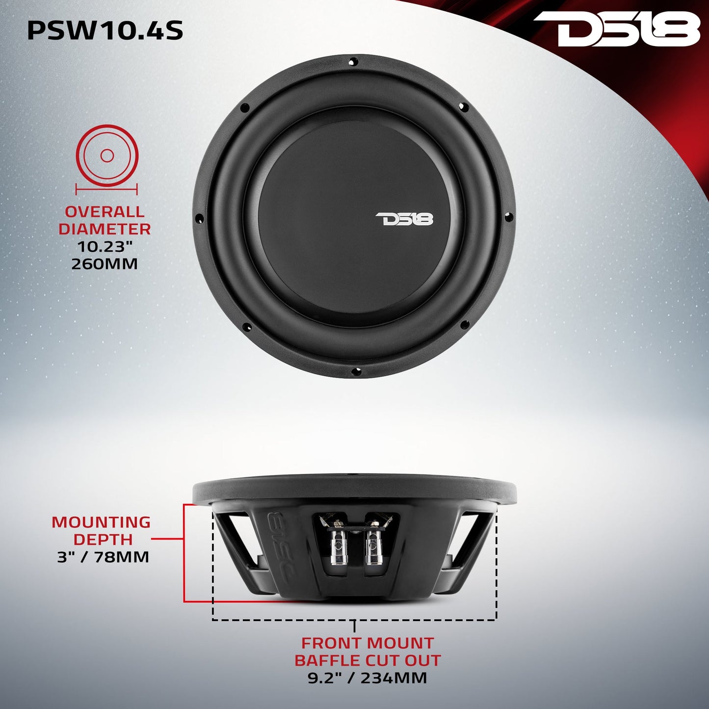 PS Shallow-Mount Water Resistant 10" Subwoofer | 500W RMS SVC 4-Ohm