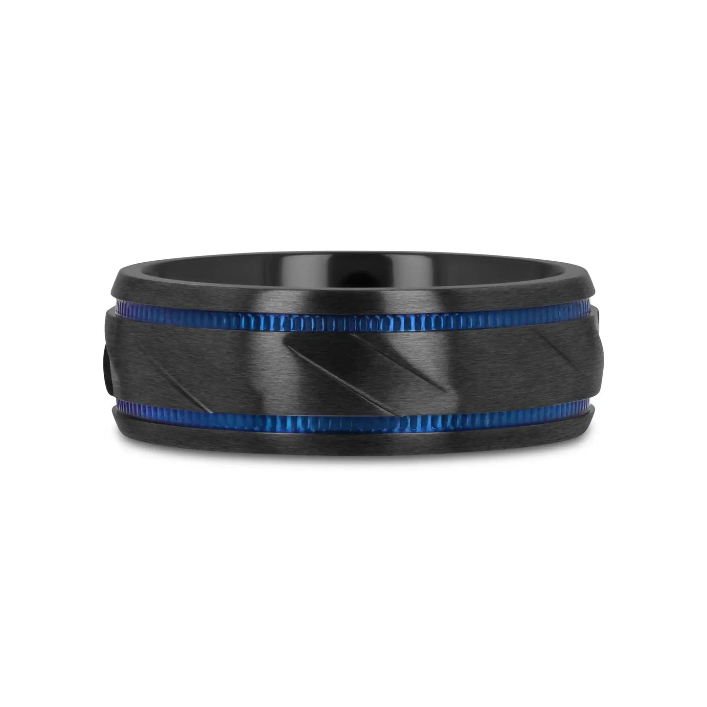PATROL Black Titanium Carved Diagonal Pattern Brushed Finish Men’s Wedding Ring with Blue Milgrain Grooves – 8mm