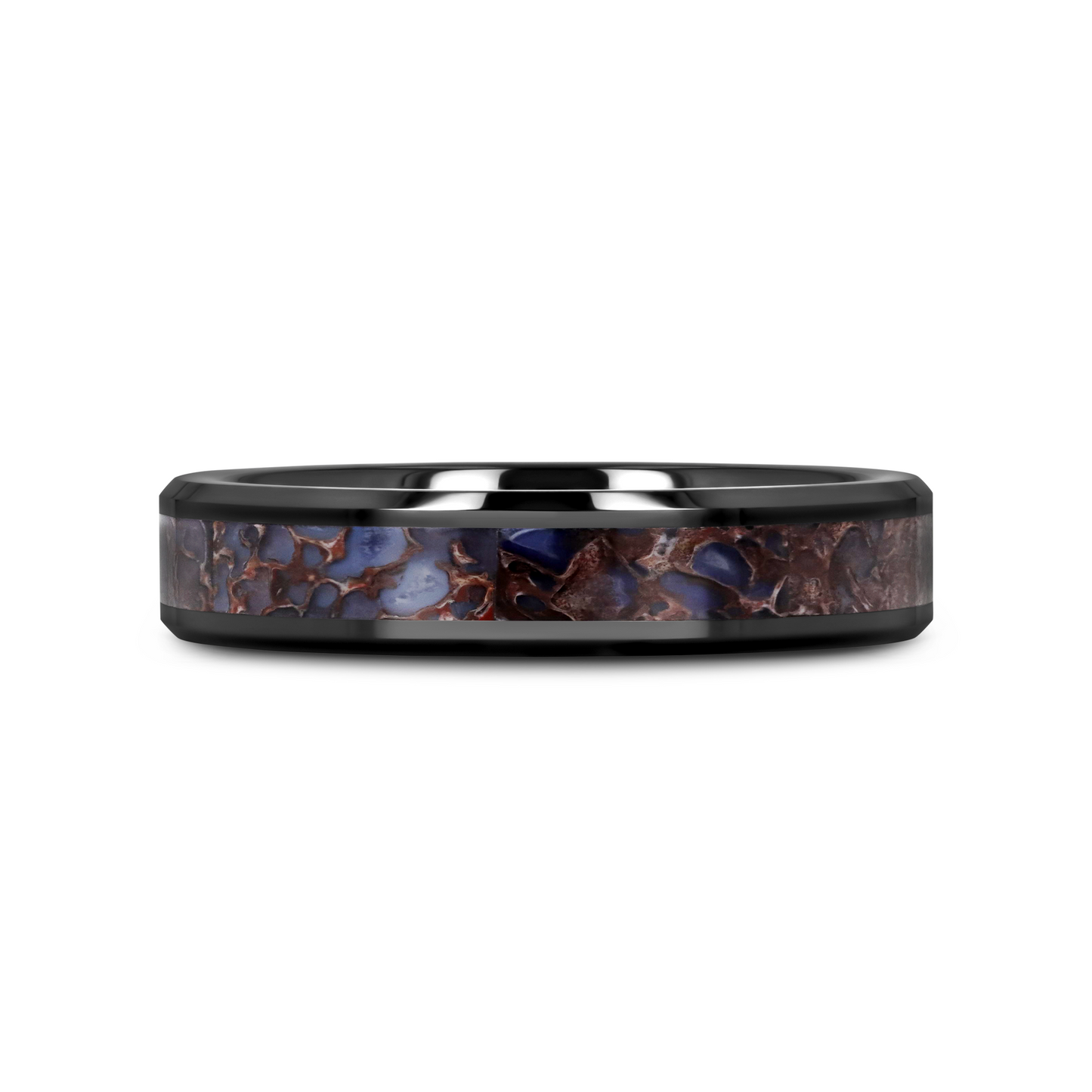 PERMIAN Blue Dinosaur Bone Inlaid Black Ceramic Beveled Edged Ring - 4mm or 8mm