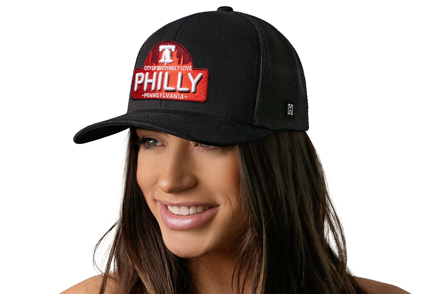 Philly City of Brotherly Love Trucker Hat | Black Cityscape Snapback