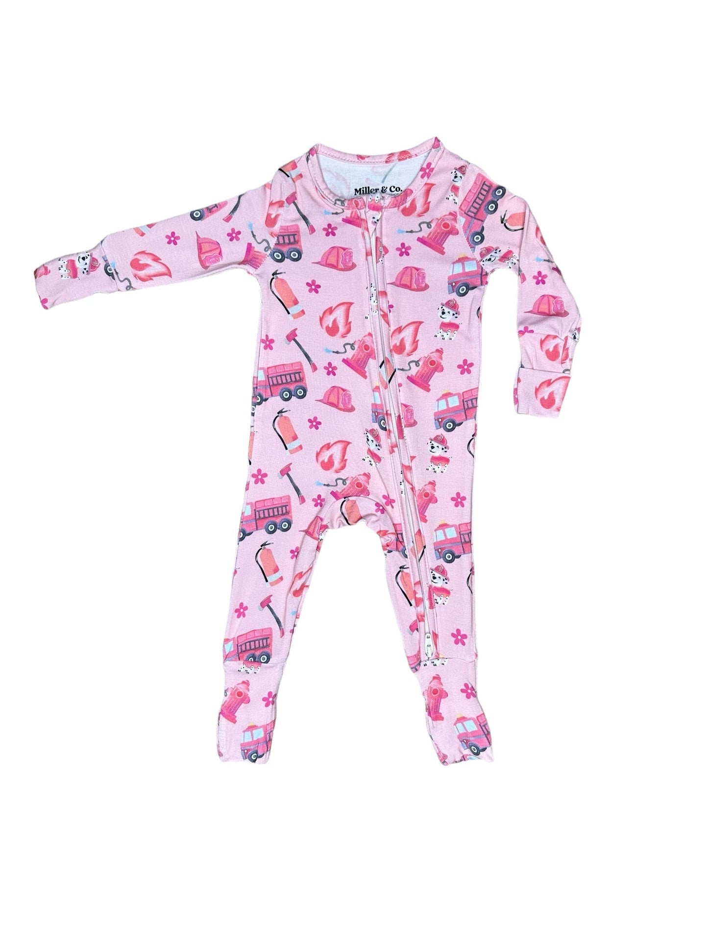 Pink Firefighter Bamboo Zipper Footie