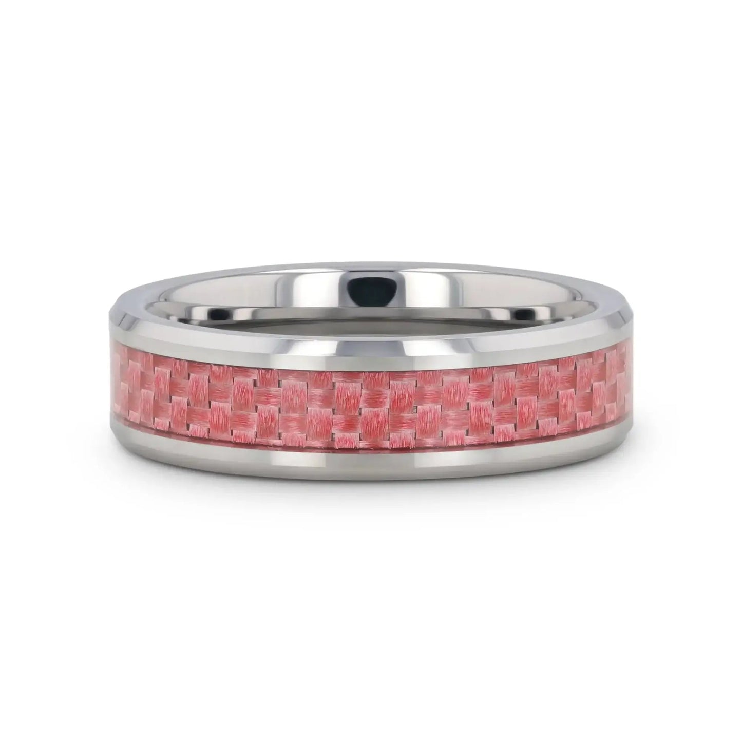 PINK Beveled Tungsten Wedding Band with Pink Carbon Fiber -4mm & 6mm
