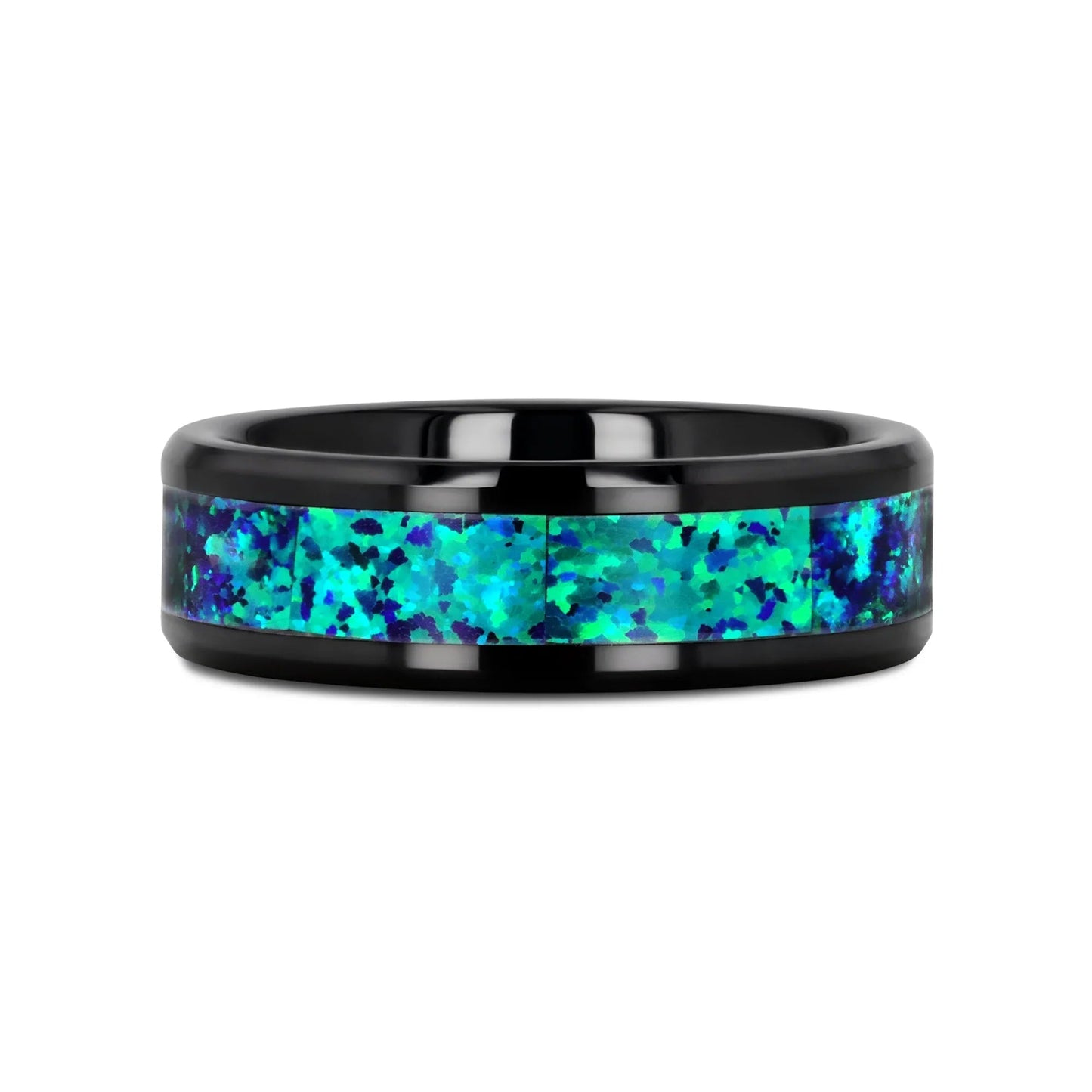 PULSAR Black Ceramic Wedding Band with Beveled Edges and Emerald Green & Sapphire Blue Color Opal Inlay - 6mm or 8 mm