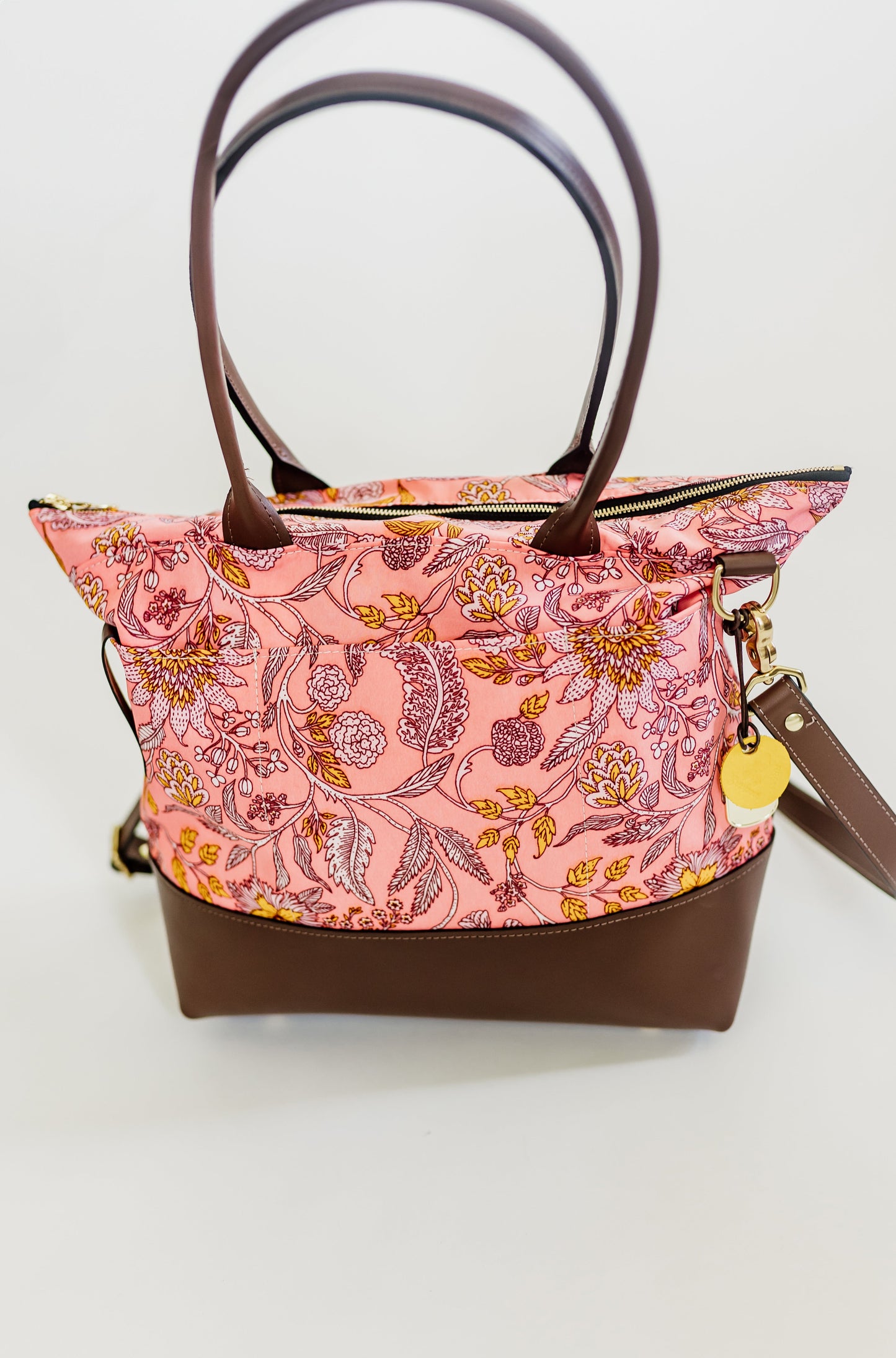 Williams | Rose Bandana Printed Nylon + Brown Leather Carry-all Tote