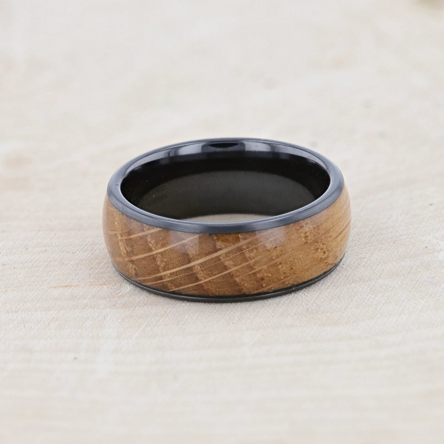 SCOTCH Black Ceramic Ring with Whiskey Barrel Wood Inlay- 8mm