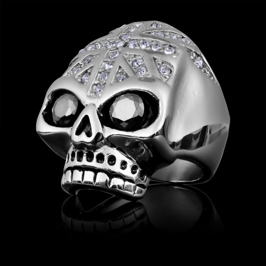 Stainless Steel Black CZ Eyed Skull With Clear CZ UK Flag Ring