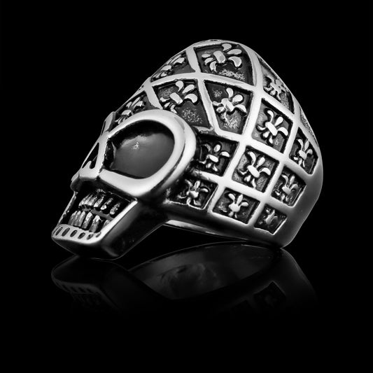 Stainless Steel Skull With Fleur De Lis Pattern Unisex Ring