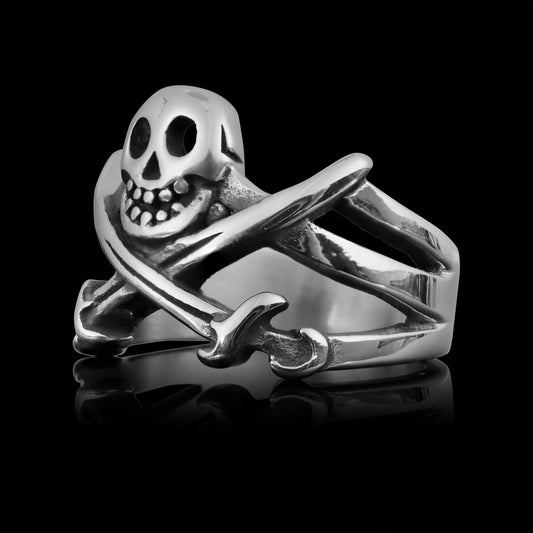 Stainless Steel Pirate Jolly Roger Skull & Crossed Swords Unisex Ring