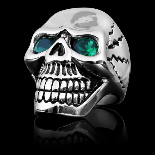 Large Stainless Steel Green CZ Eyed Cracked Skull Ring