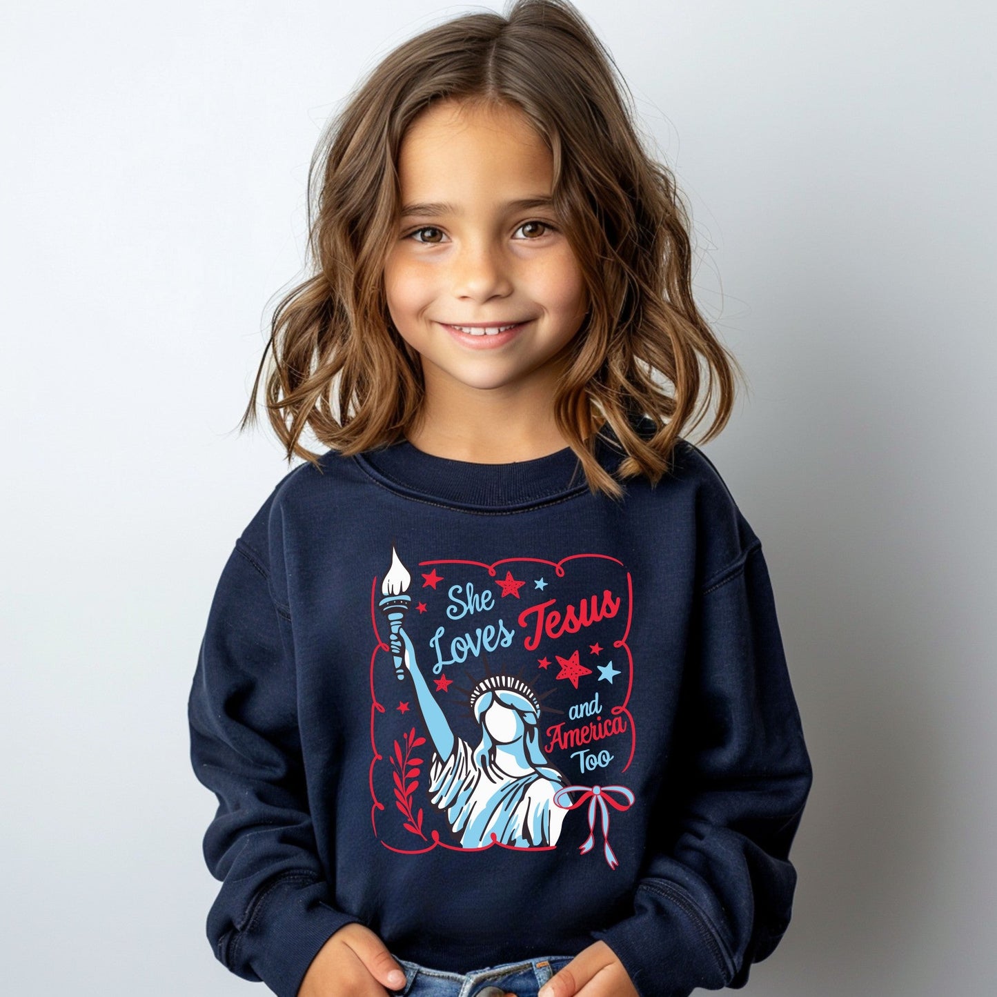 She Loves Jesus And America Too Toddler Crewneck Sweatshirt