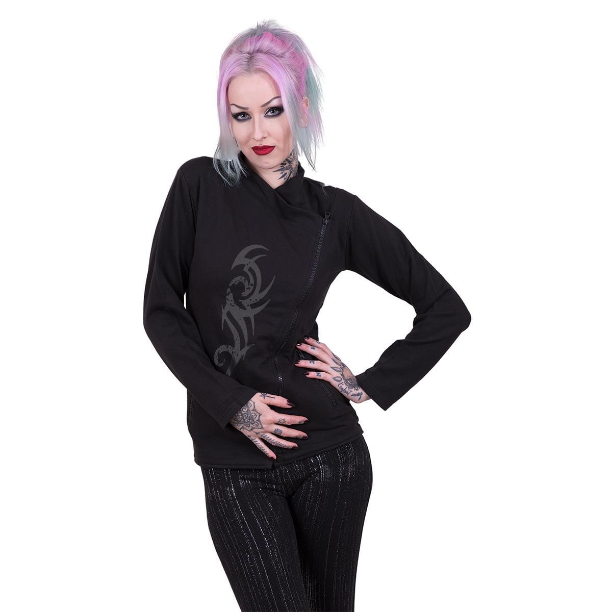 STAINED TRIBAL - Slant Zip Women Biker Jacket Black