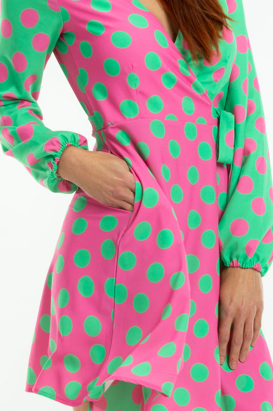 The High Stakes | Derby Pink And Green Polka Dot Wrap Dress