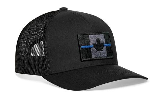 Thin Blue Line Trucker Hat | Black Canadian Maple Leaf Tactical Snapback